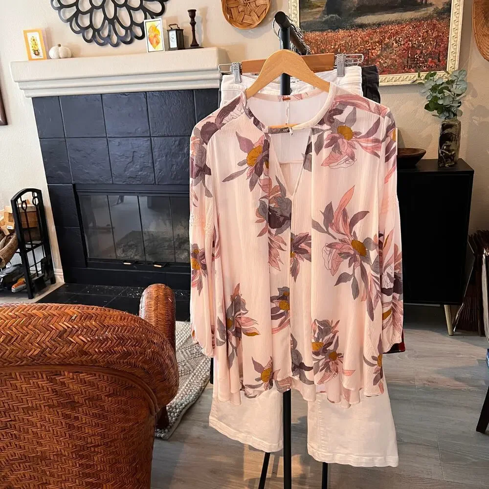 Free People Dress Womens Size XS Pink Floral Tree Swing Tunic Puff Sleeves